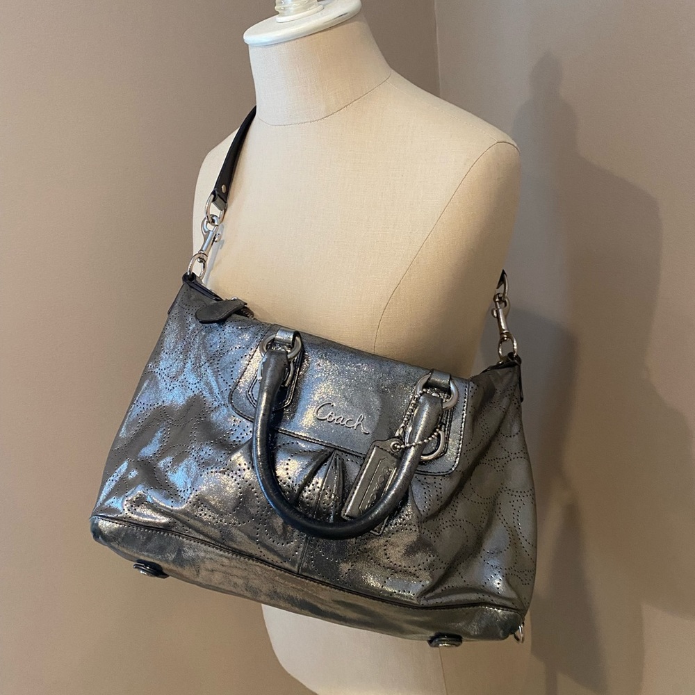 Ashley perforated metallic silver leather satchel handbag.